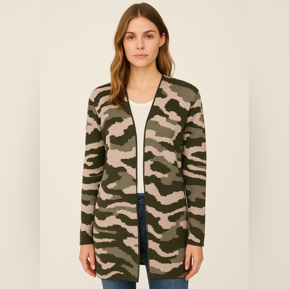 Rachel Zoe neutral tan green and brown camo printed Cardigan size M